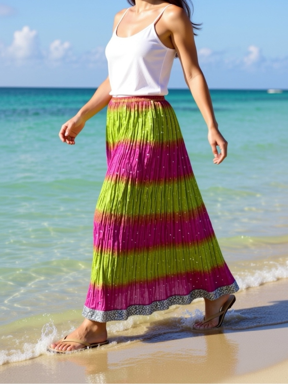 Striped Maxi Skirt in Pink and Green with Sequin Detail